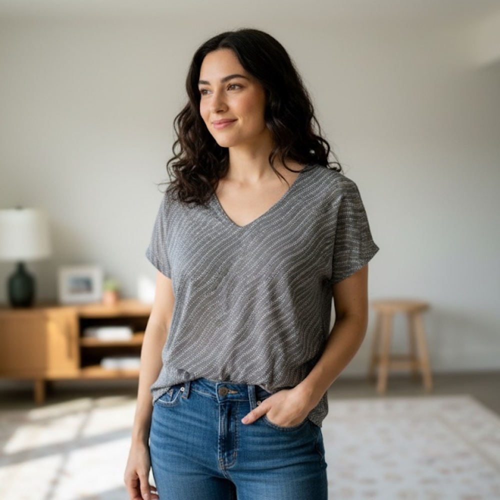 Gray V-Neck Zipper Detail Top XXL Long Sleeve Moto Office